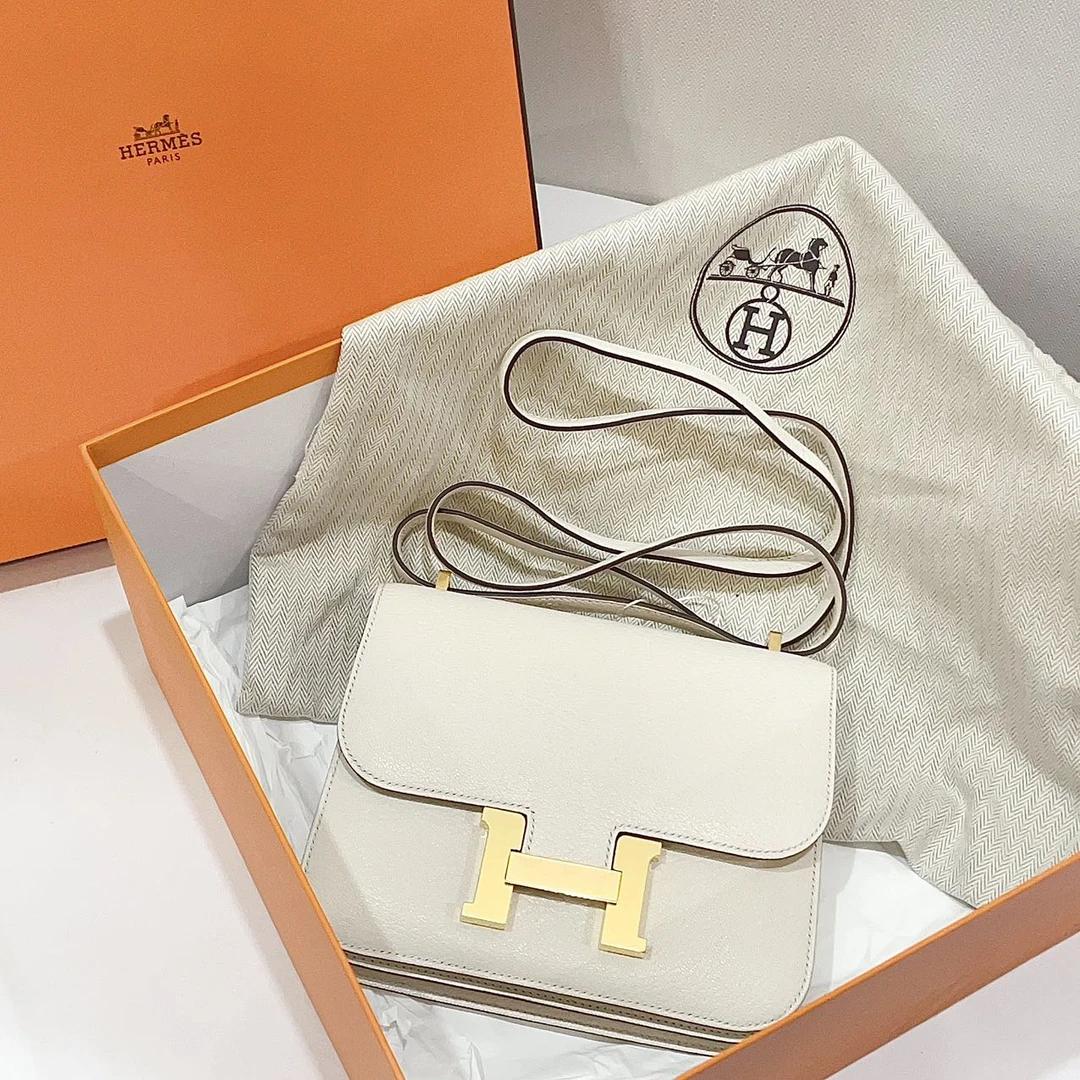 99新 Hermes/爱马仕 7姐专场/康康 19 奶昔白金扣 山羊皮 u刻
