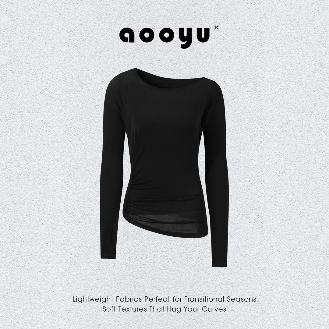aooyu [入秋天菜上衣] 莱赛尔天丝斜肩/一字肩 捏褶设计感长袖T恤
