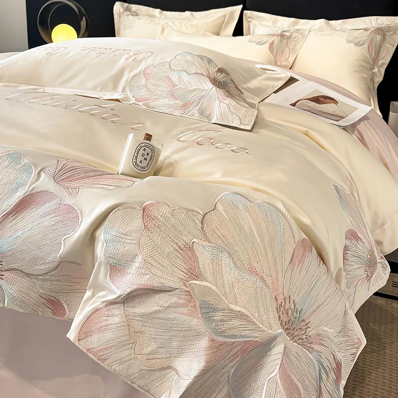 夏季冰丝轻奢高级感花卉刺绣四件套2025新款被套床笠四季通用床品
