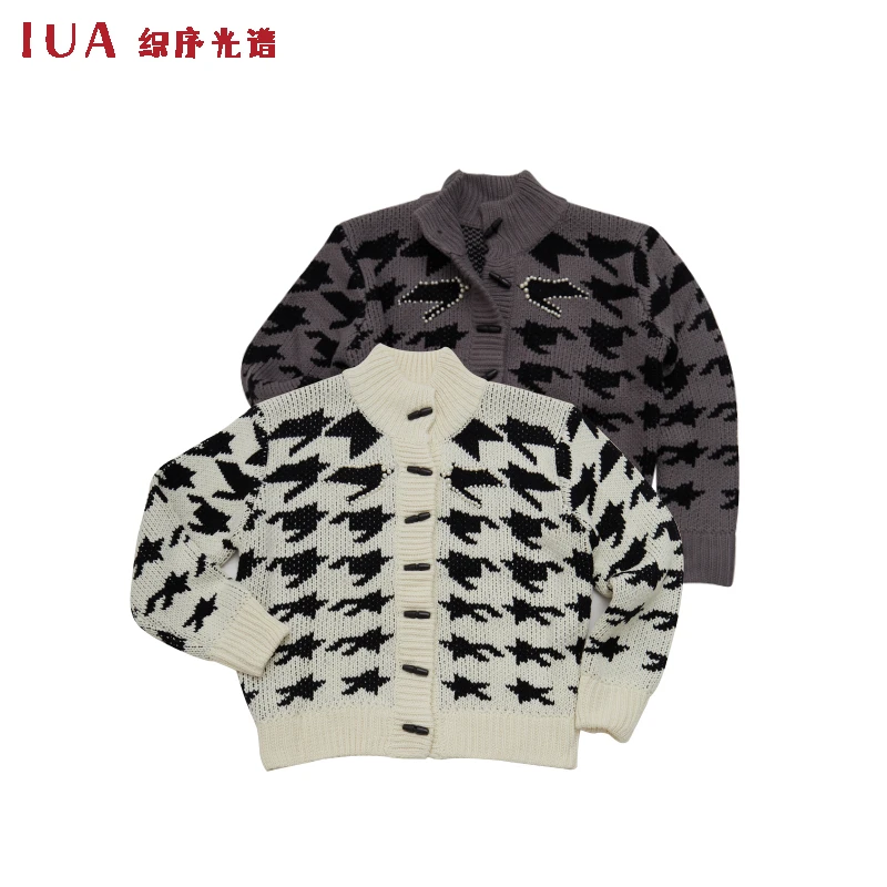 IUA织序光谱04#珍珠千鸟格翻领针织外套