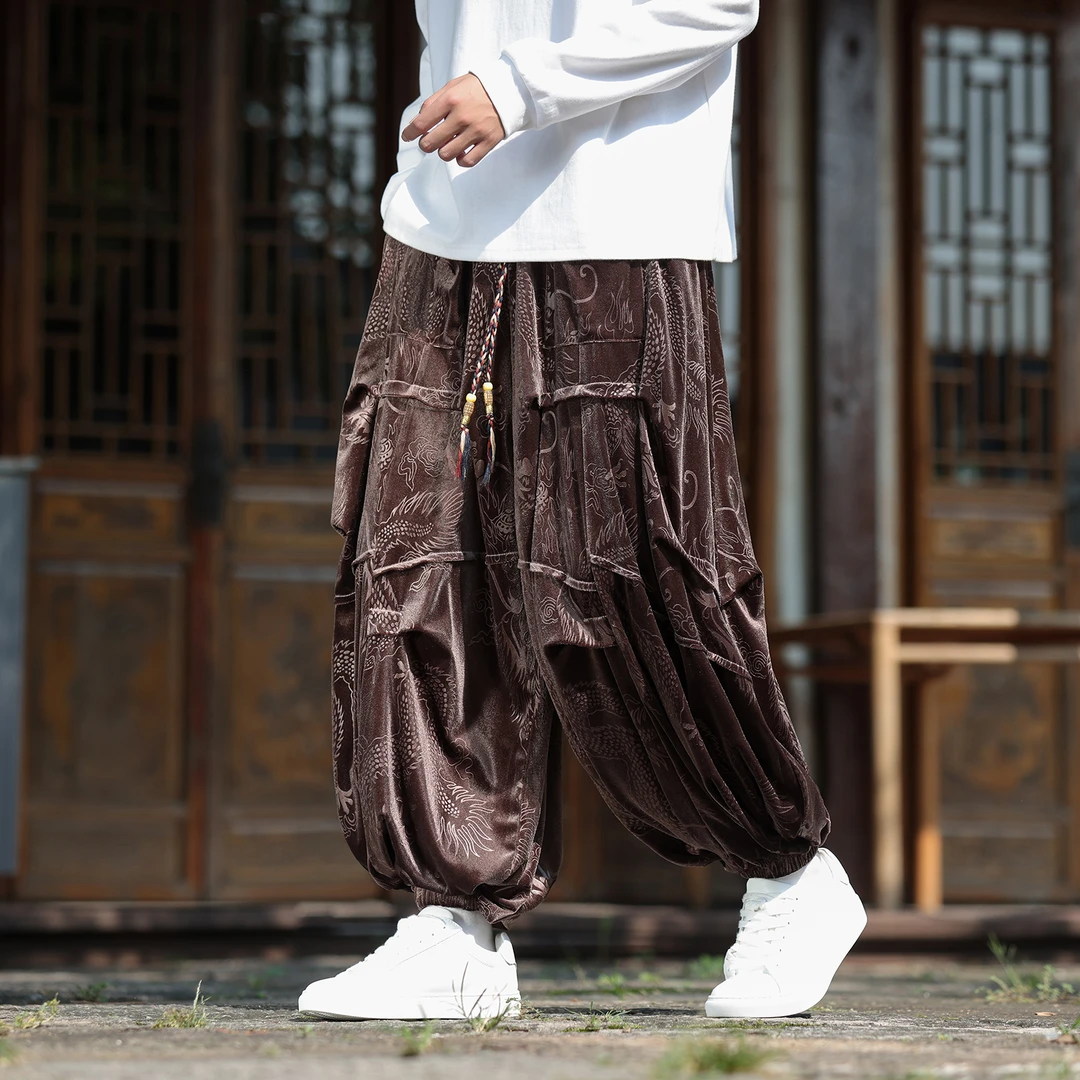 中国风龙纹提花男裤子秋冬季金丝绒设计感慵懒风宽松阔腿灯笼长裤