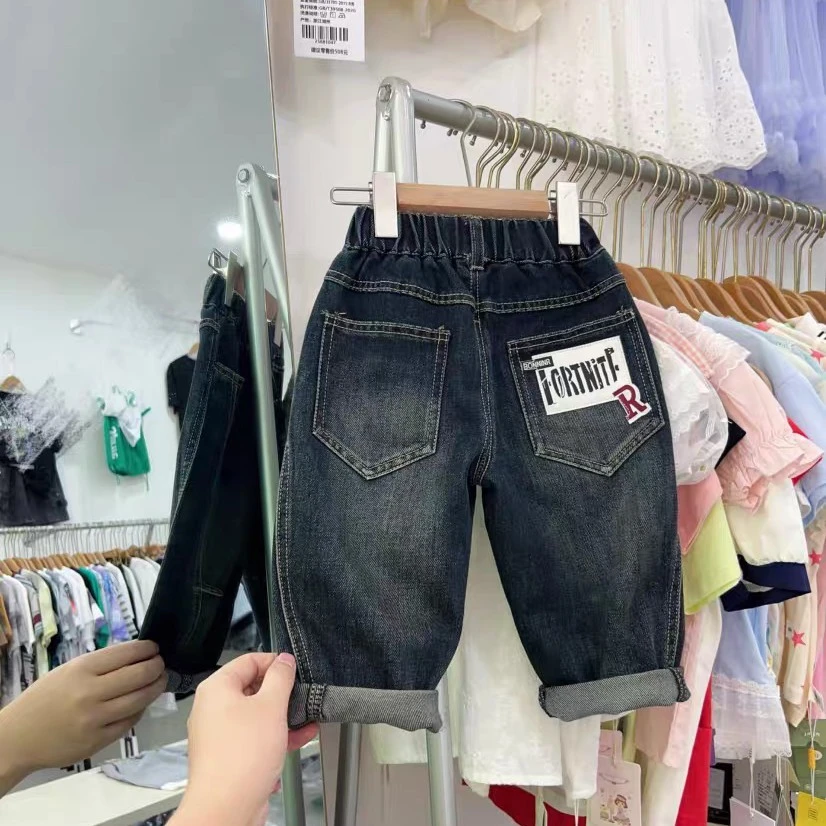 男童牛仔裤2025春秋款女宝宝长裤贴布字母深色时尚百搭秋季休闲裤
