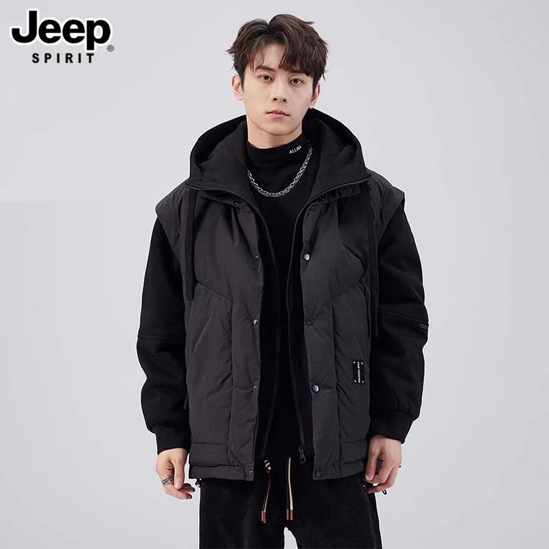JEEPSPIRIT吉普冬季潮牌男士假两件轻薄连帽羽绒服宽松加厚外套