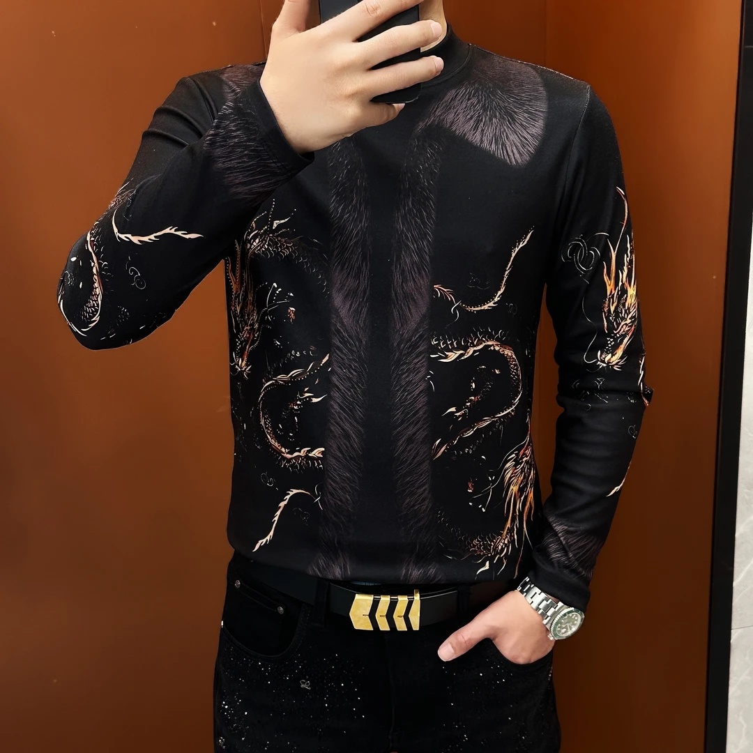 秋冬半高领中国风男士时尚长袖潮流印花休闲加厚保暖上衣打底衫-W