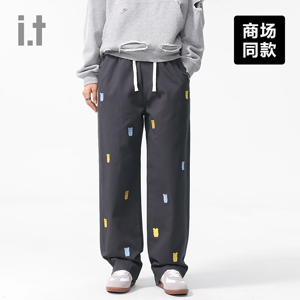 I.T旗下CHOCOOLATE时尚刺绣章仔慵懒风垂感抽绳休闲长裤男女灰色