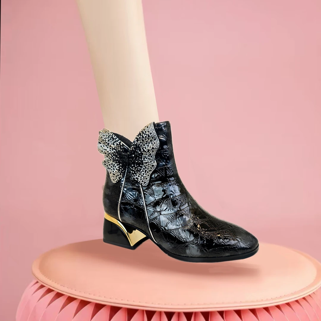 法式细跟高跟侧拉链绒里气质时尚时装靴百搭短靴冬粗跟hy9923