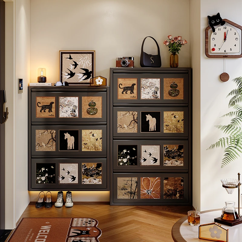 美世达中古风超薄鞋柜家用门口靠墙一体柜入户门口多层网红收纳柜