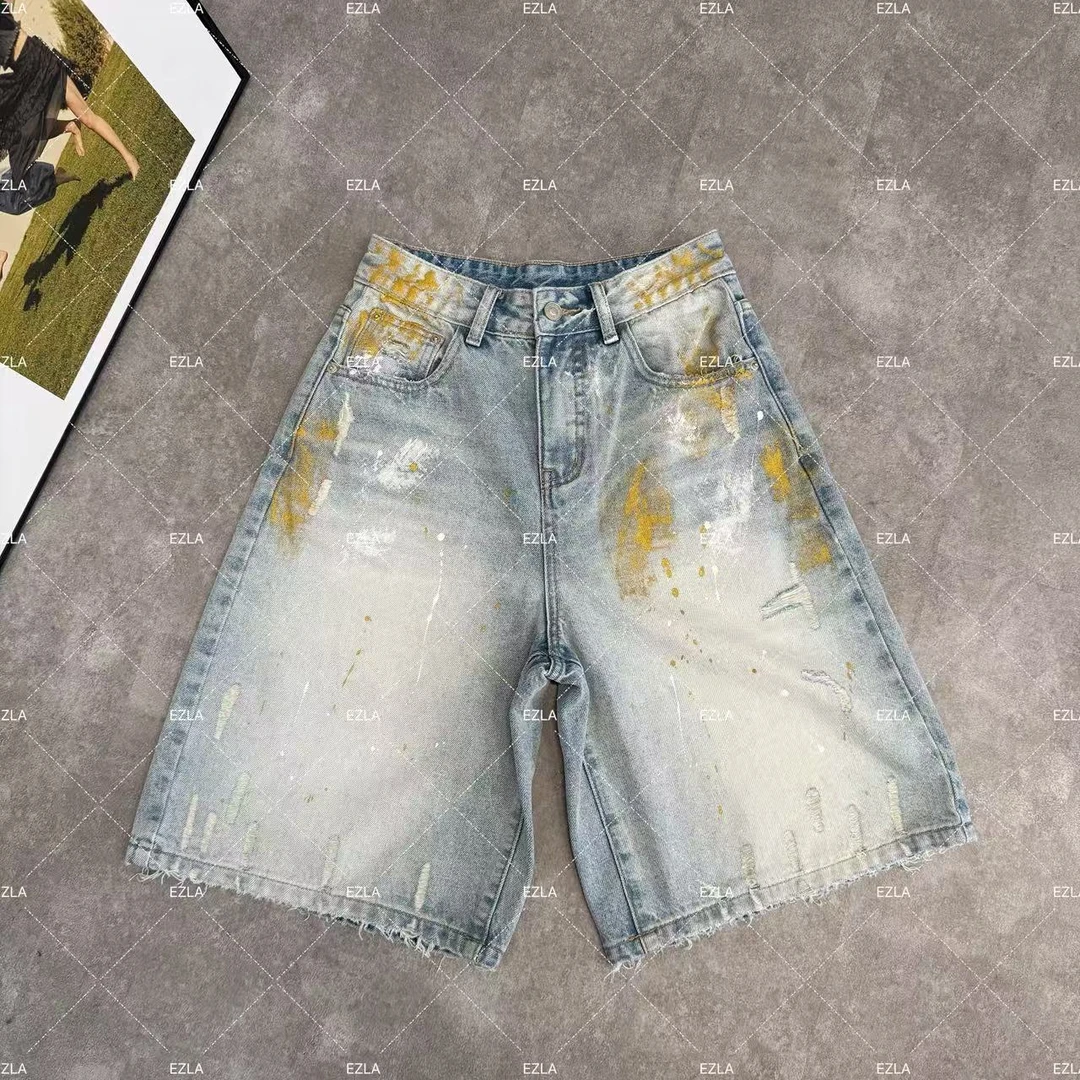 EZ8950 夏季新款泼墨设计短裤显瘦无弹水洗软牛仔六分裤休闲百搭