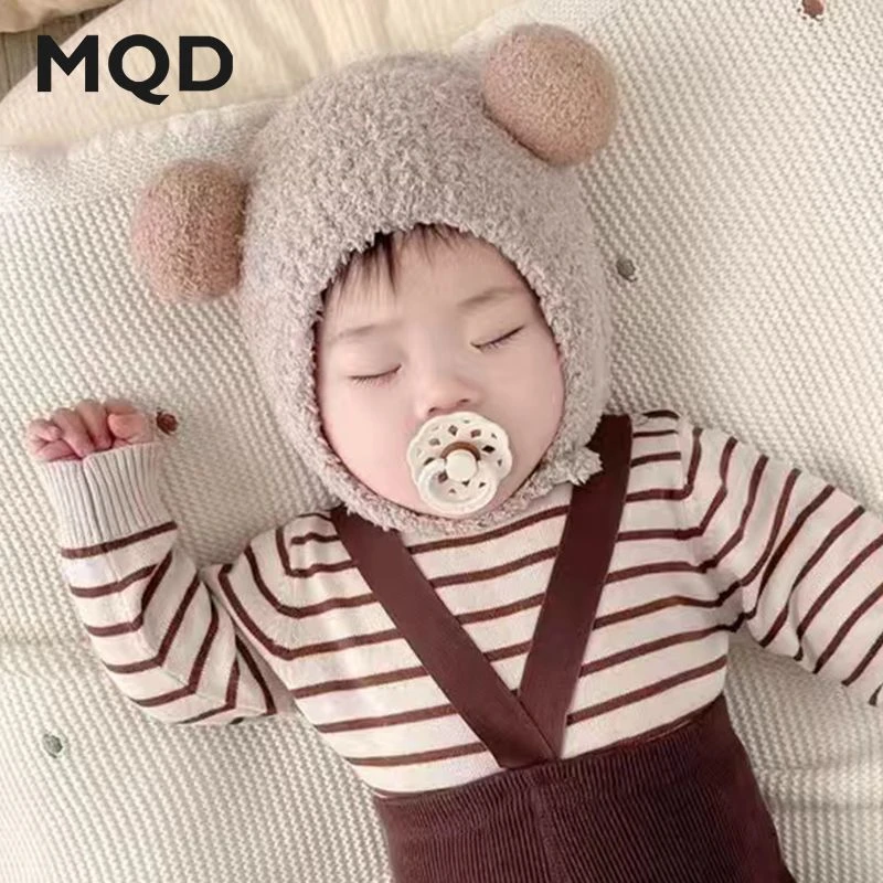 儿童韩国洋气婴儿护耳帽秋冬季毛绒保暖小月龄宝宝撞色双球帽子冬