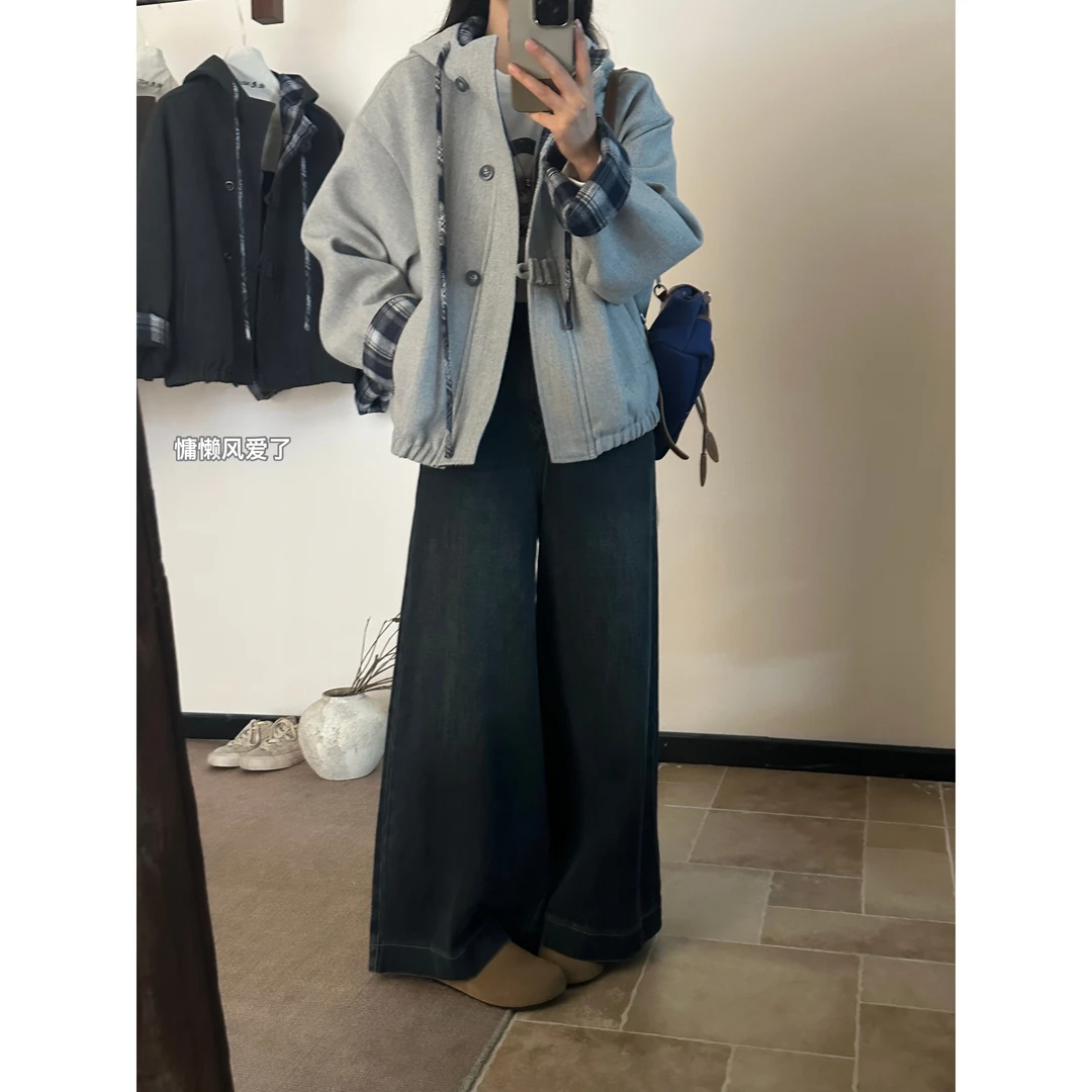 Miss Rao欣尧AOT-日韩格子撞色帽子款羊毛呢外套推荐短外套60275