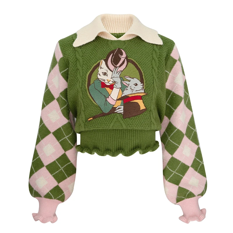 JUNGLE ME秋冬复古菱格撞色减龄POLO领毛衣时尚套头设计感长袖