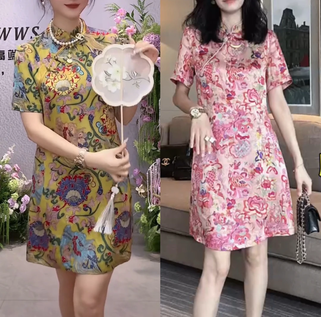 网红新款时尚流行气质显瘦中长款中国风印花女装连衣裙旗袍裙