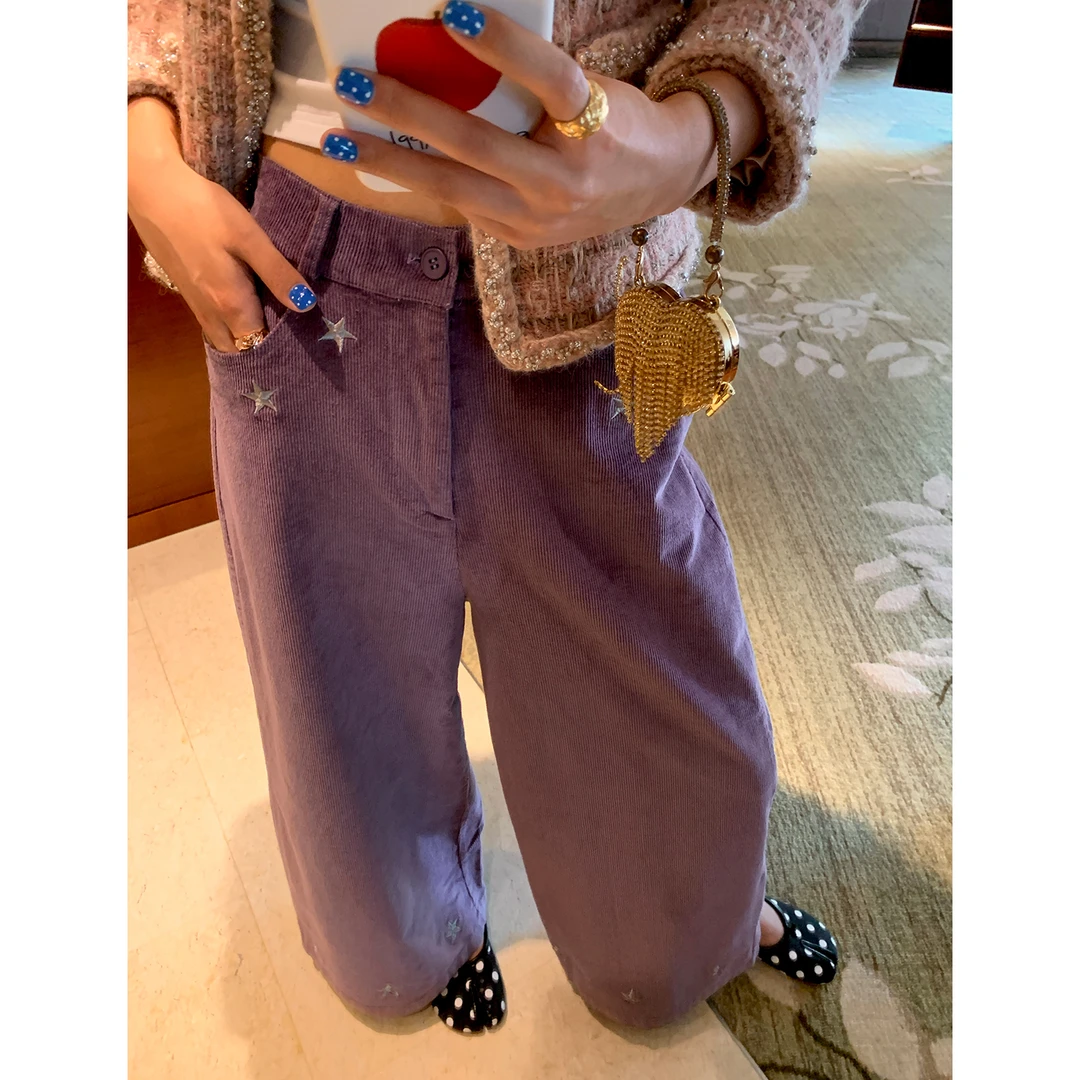 今屿花花 巨好看的早秋裤子2025年新款设计感灯芯绒阔腿裤小个子