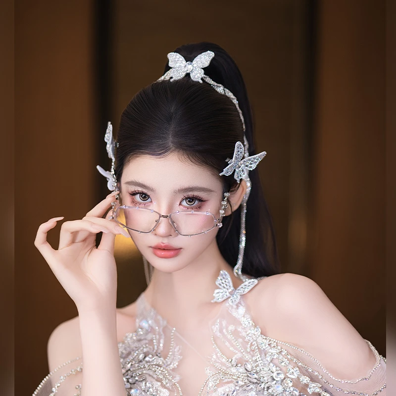 合金婚庆饰品 轻奢新娘高智感镶钻蝴蝶甜酷辣妹眼镜发饰品MT0114