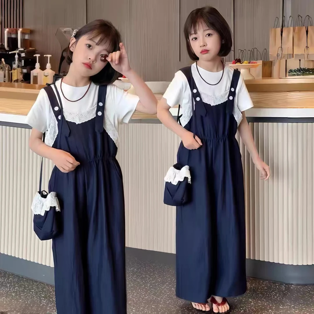 女童2025夏装新款儿童洋气时髦短袖T中大童牛仔背带裤两件套送包