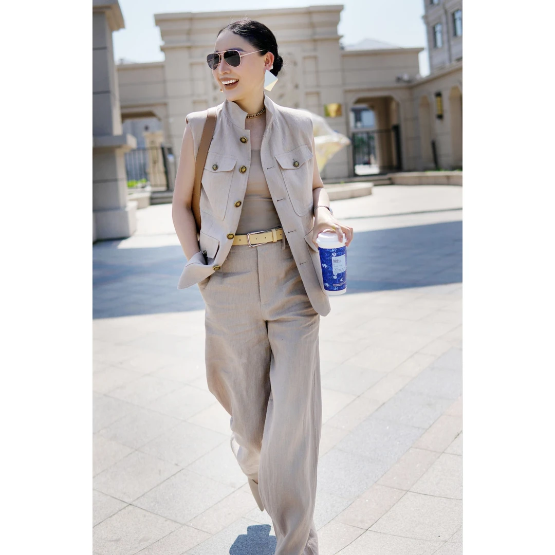 【泳秀精品】春夏新款白色无袖老钱风亚麻套装气质通勤轻职场风