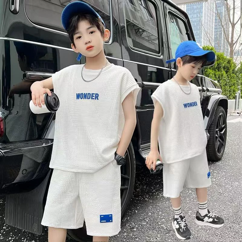 简约男童字母洋气运动无袖套装夏季韩版短裤童装中大童背心套装