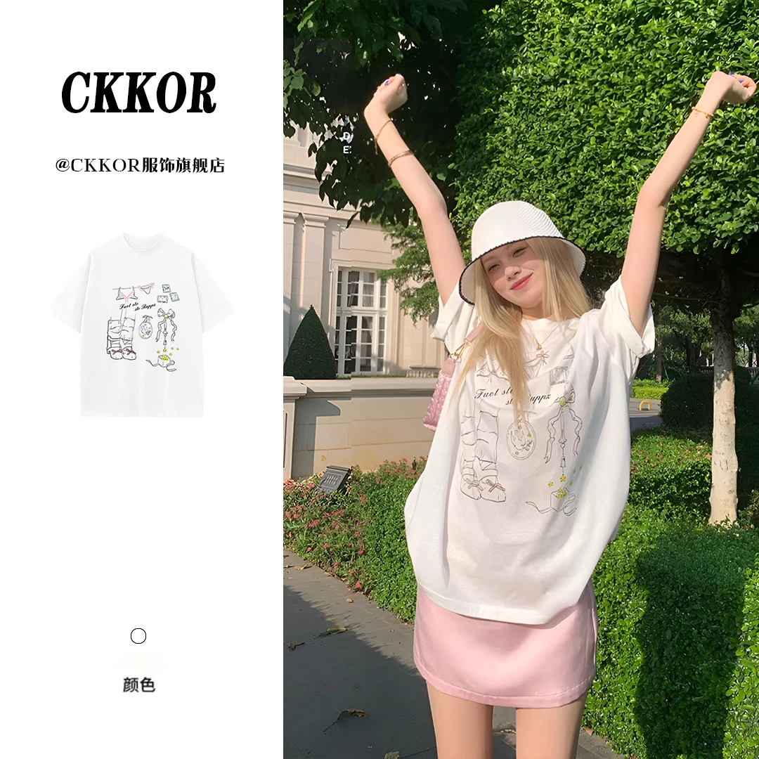 CKKOR夏季新款纯棉圆领短袖t恤女松弛慵懒风简约卡通印花百搭女装