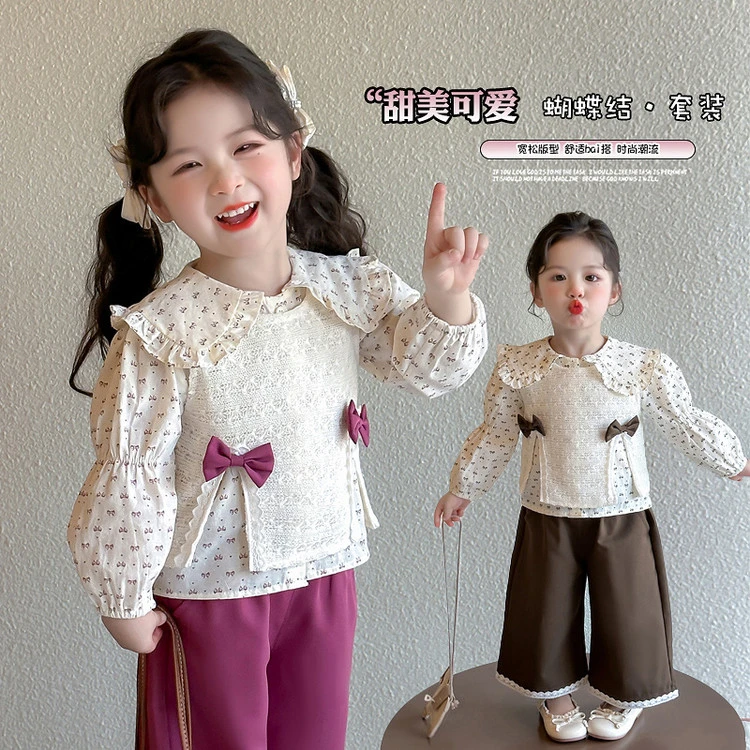 春秋季新款韩版女童时尚碎花衬衣套装女宝宝可爱衬衣马甲三件套