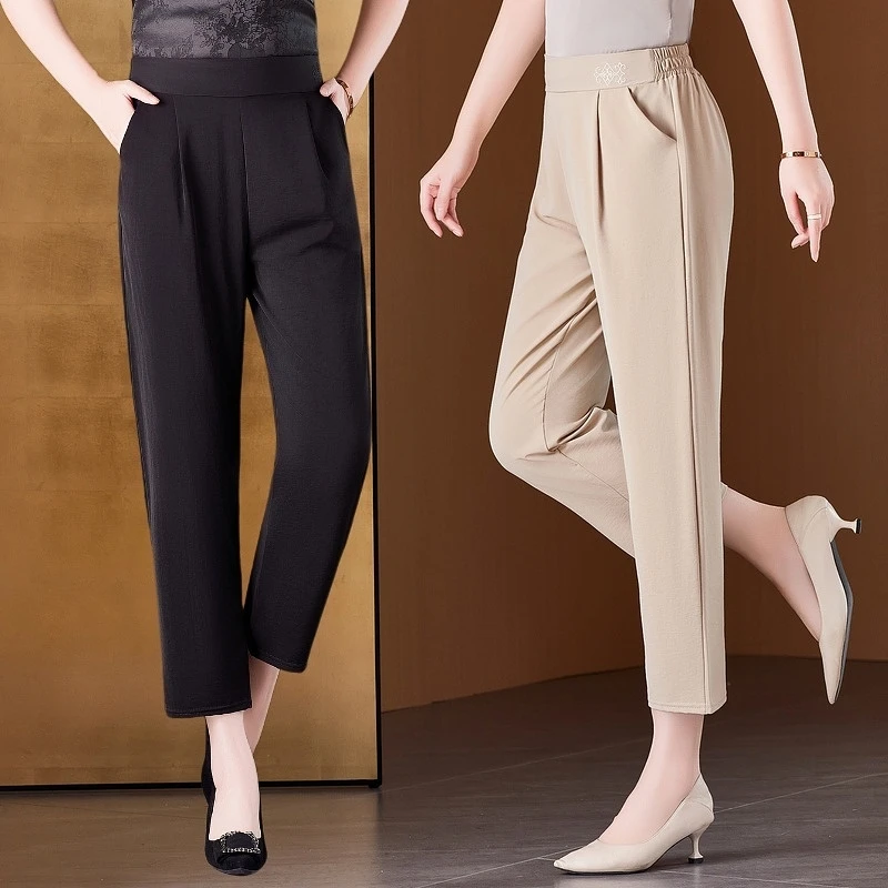 妈妈春夏薄高腰九分裤气质松紧腰中年女7分裤直筒裤休闲裤奶奶裤