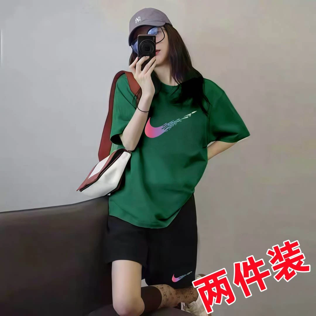 旗舰店奥特莱斯官方正品夏季墨绿色套装运动短裤两件ins短袖t恤女