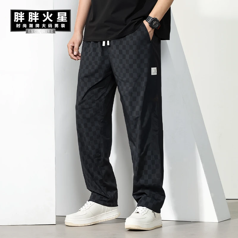 胖胖火星大码男装夏季棋盘格冰丝直筒裤胖子松紧腰弹力速干休闲裤