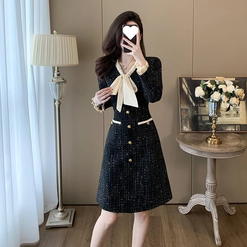 法式小香风名媛结编织连衣裙女2024秋季新款时尚显瘦裙子