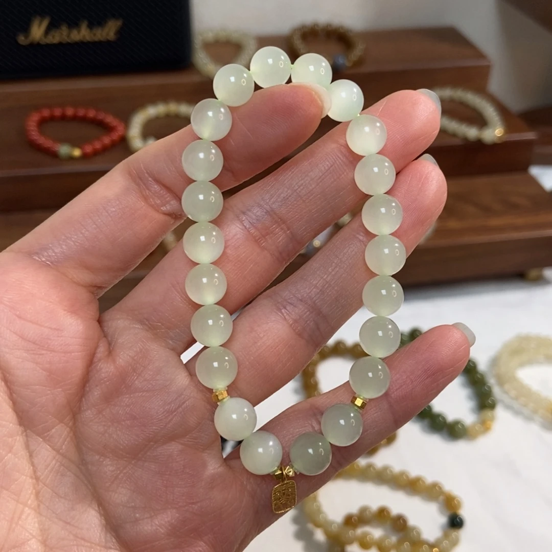 和田玉18K金镶嵌手链8mm高冰浅晴猫