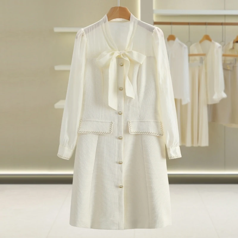 【伍莎-自营】拼接雪纺V领系带装饰扣连衣裙#WYB55L013