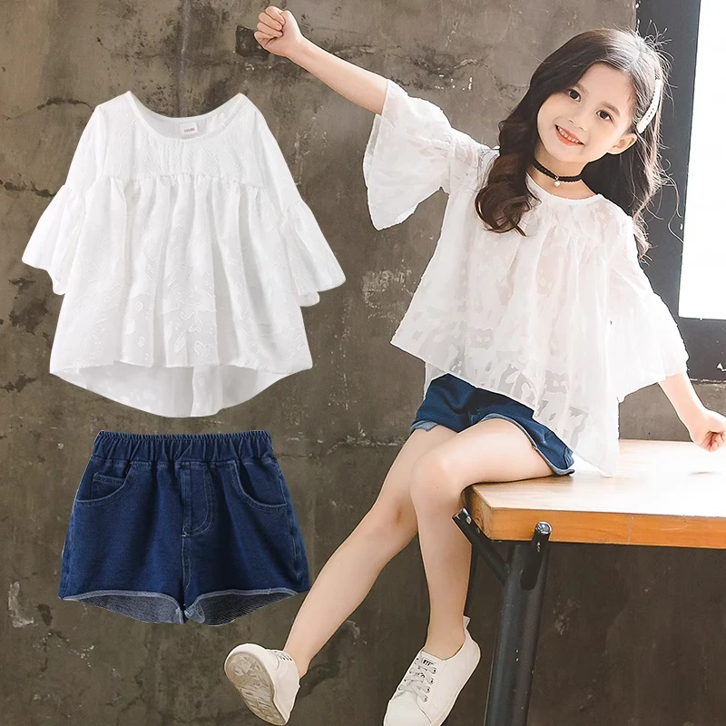 韩版夏季薄款套头碎花女纯色套装童装洋气儿童时尚网红夏装中大童