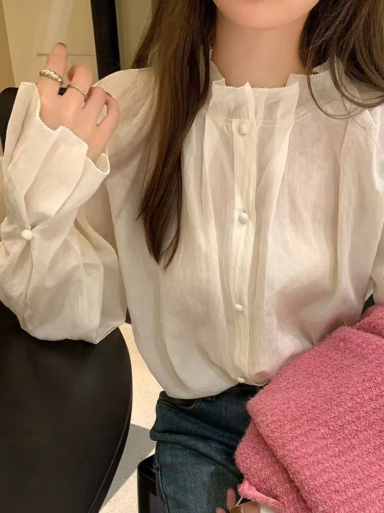 温柔减龄设计感花边压褶立领衬衫2025春季新款宽松休闲百搭上衣女