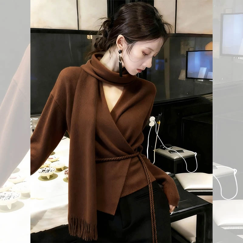 独特漂亮内搭v领飘带针织打底衫设计小众洋气高贵上衣女秋冬穿搭