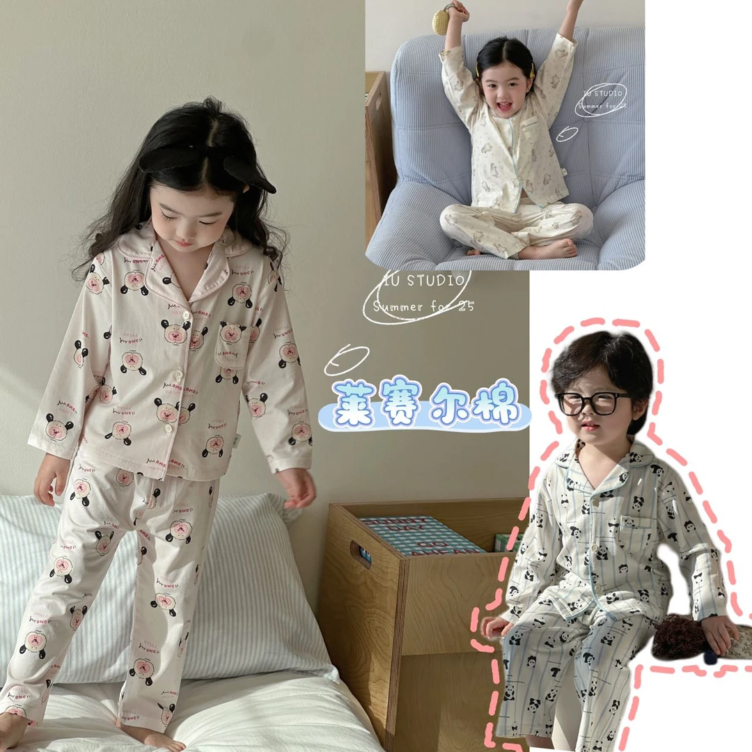 【艾柚】夏季新品卡通薄款翻领印花莱赛尔家居服儿童睡衣套装iu083