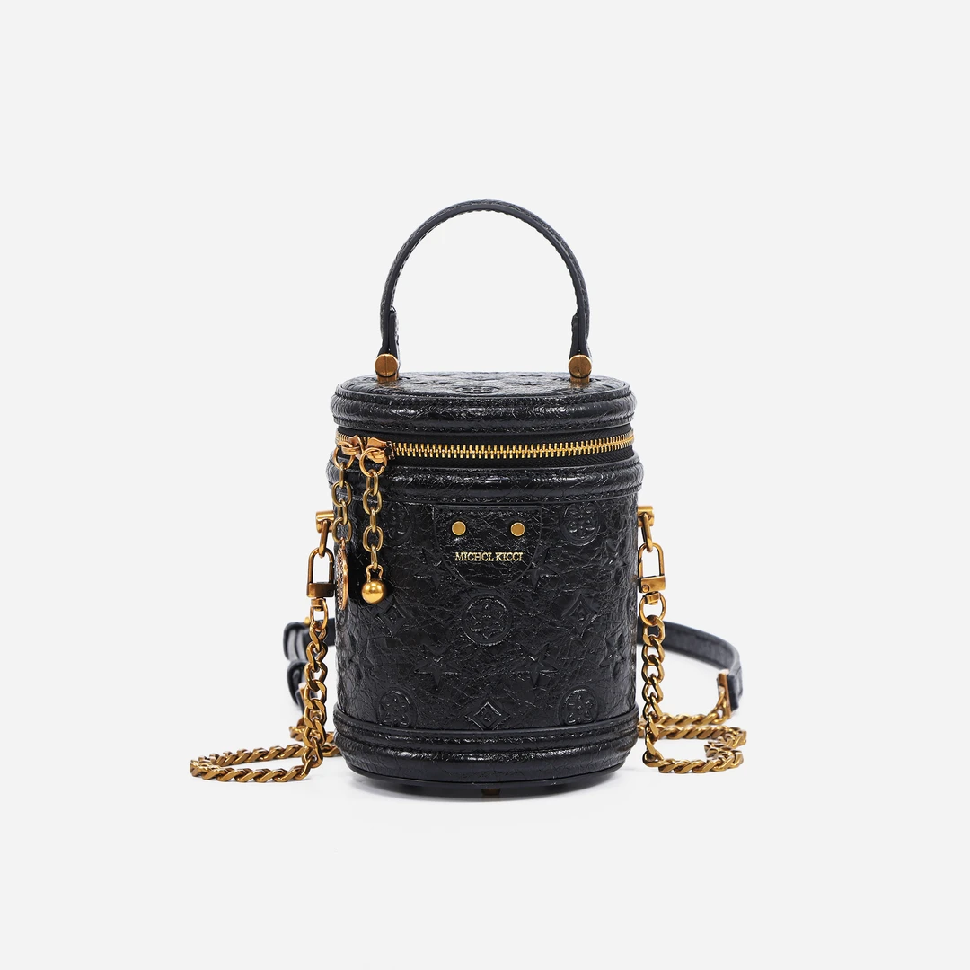 轻奢经典时尚女士压花斜挎手提圆筒包LZ24124726黑色