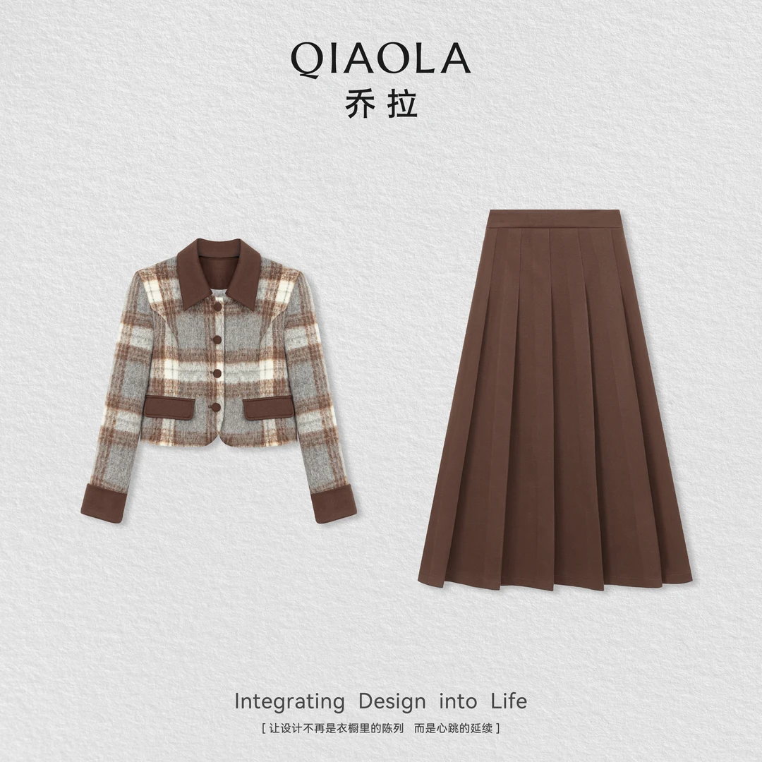 QIAOLA/乔拉【摩卡早报】秋冬季羊毛保暖舒适格纹外套舒适百搭半裙