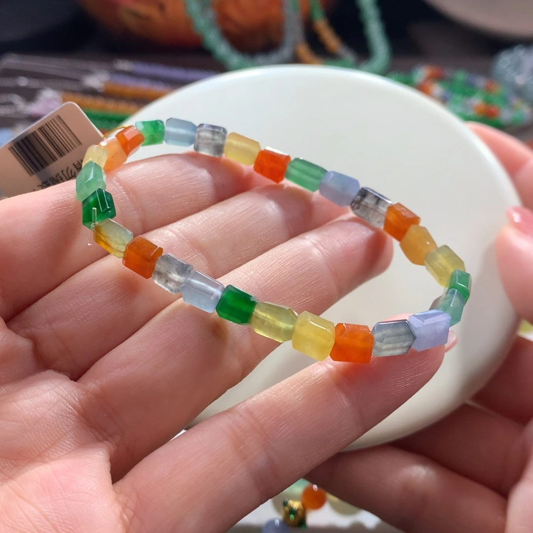 翡翠未镶嵌手链冰浓艳彩虹方糖随形