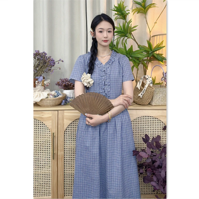 大乔【织夏】纯棉格子花边领短袖连衣裙蓝色格纹夏季复古休闲长款