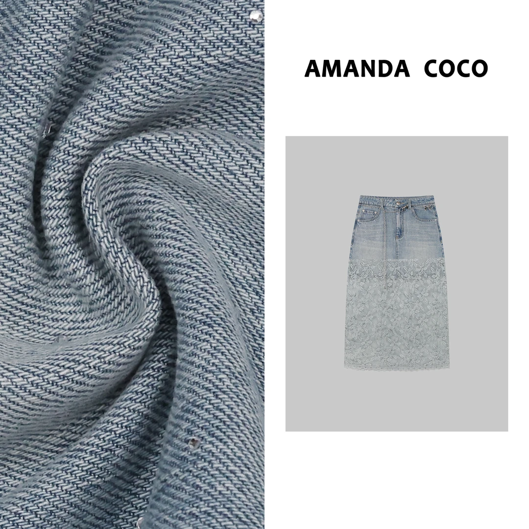 奈奈 | 春夏高定烫钻牛仔拼接提花蕾丝时髦半裙