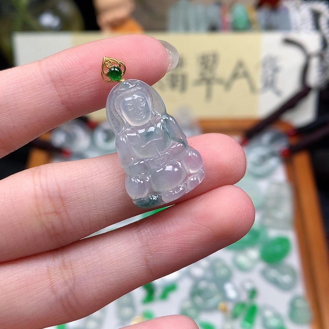 翡翠裸石18K金镶嵌缅甸天然A货翡翠冰种观音