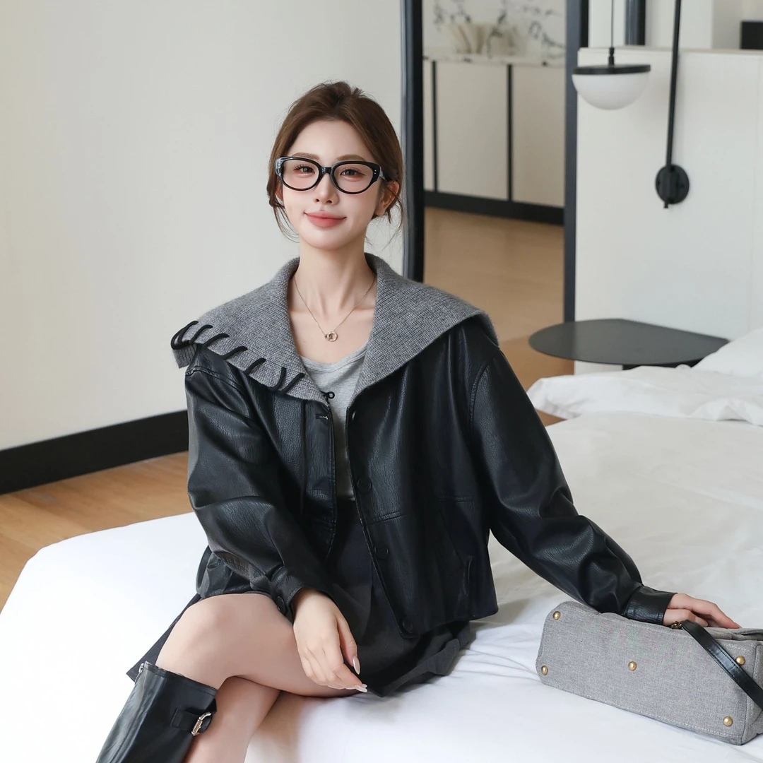 早秋新款设计感海军领皮衣夹克女休闲显瘦短款外套8859