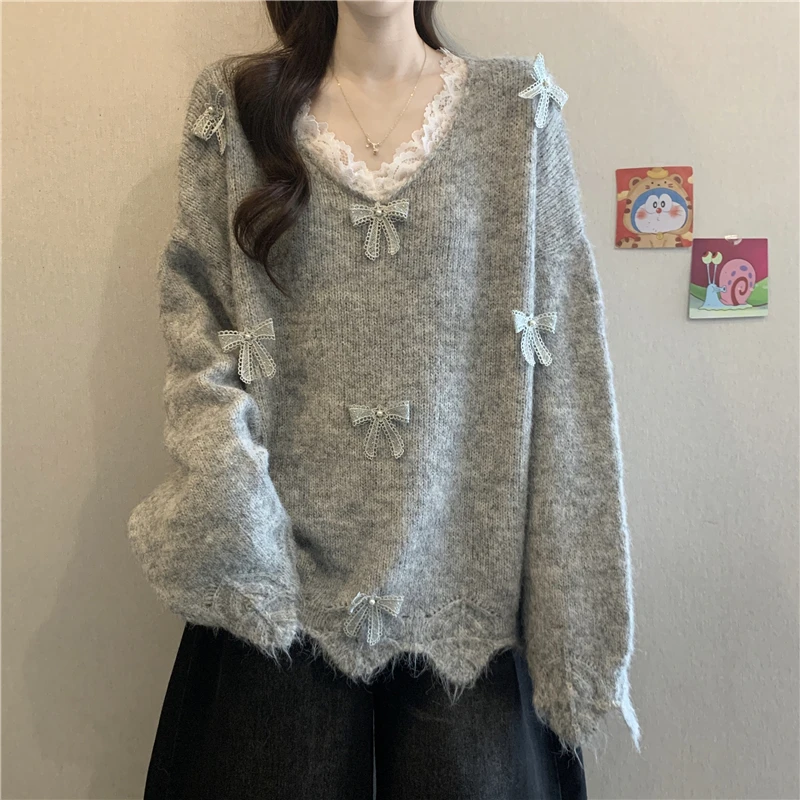 巨好看蕾丝V领灰色毛衣秋季2025新款大码女装胖mm长袖针织衫上衣