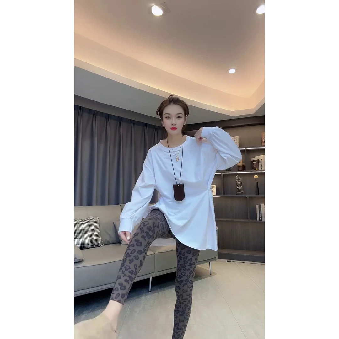 2025秋季新款豹纹高腰打底裤女透气鲨鱼瑜伽九分裤无痕打底芭比裤