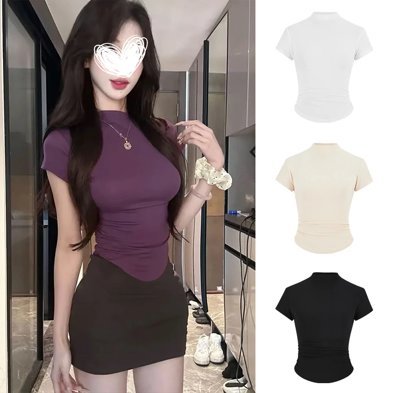 Moses Queen/魔西女王性感显身材百搭短袖半高领气质上衣女夏季