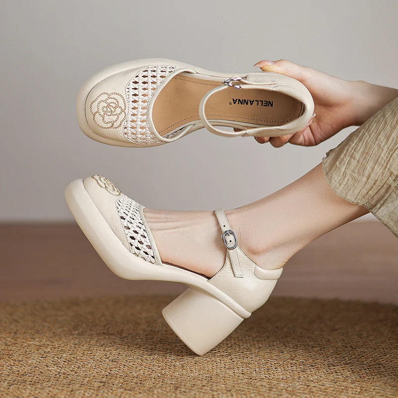 羊皮 4-7厘米 34-40舒适时尚百搭夏季软底镂空厚底粗跟一字带凉鞋