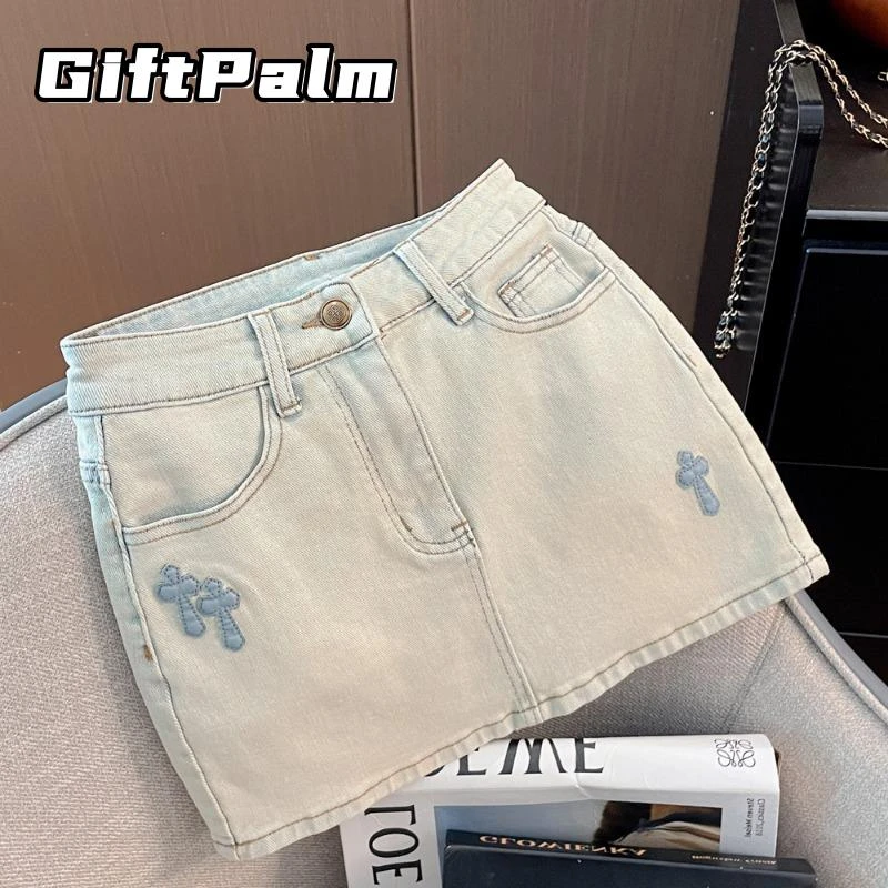 GiftPalm浅蓝十字架刺绣牛仔半身裙女春夏季高腰a字辣妹包臀短裙