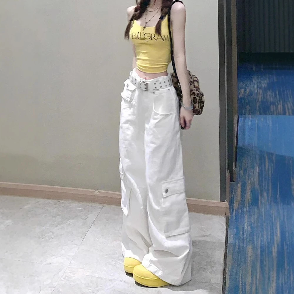 美式重工多口袋白色工装裤女2025春季新款宽松阔腿显瘦直筒牛仔裤
