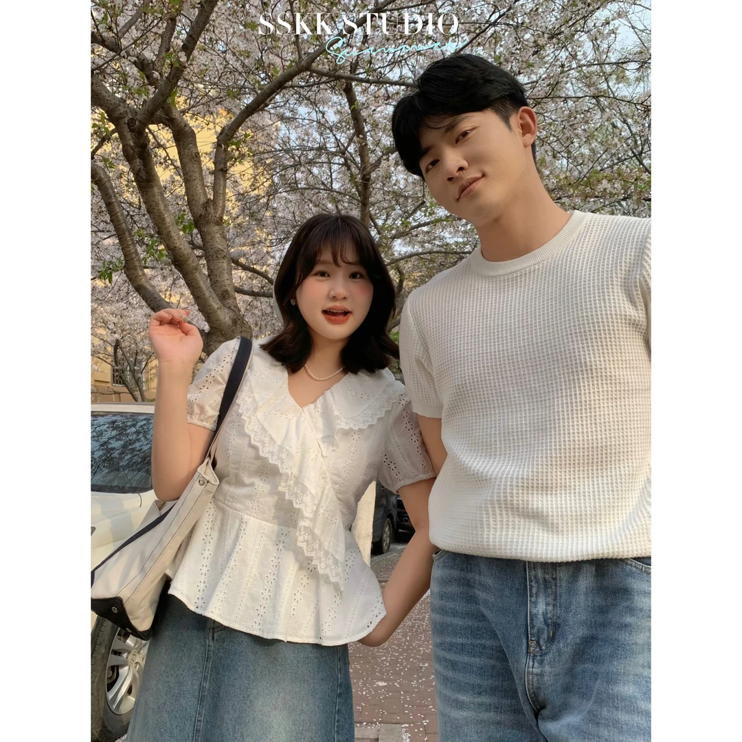 KMZY/KMZY山_山【甜妹花边】微胖女装韩版白色短款蕾丝镂空气质衬衫