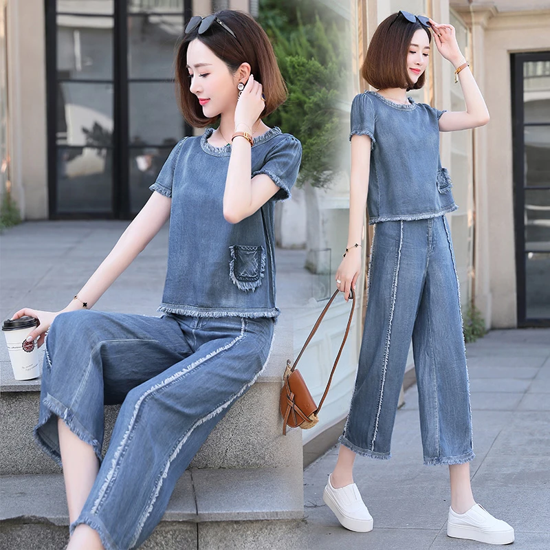 2025夏季新款小个子时尚女装设计感显瘦阔腿裤九分牛仔套装两件套