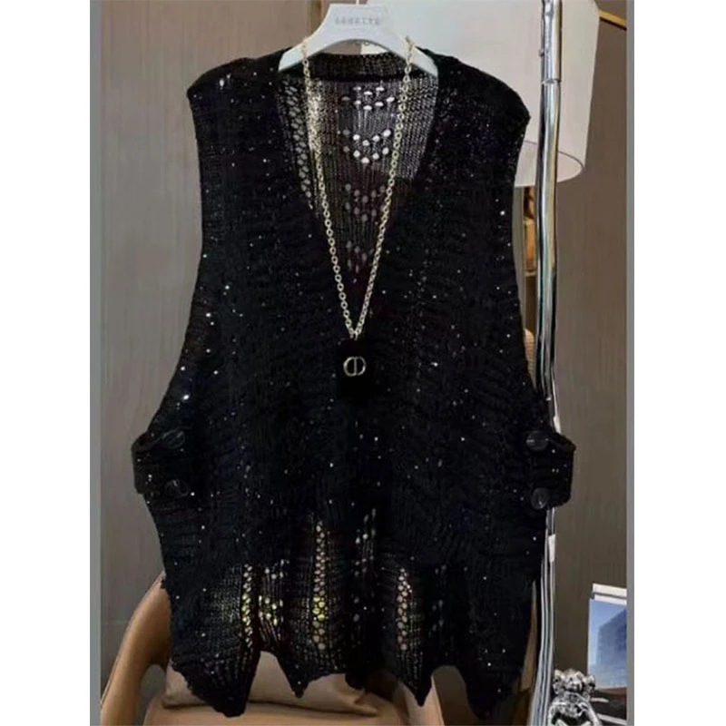 高级感叠穿镂空针织马甲衬衫女2025春秋韩版时尚御姐打底马夹上衣