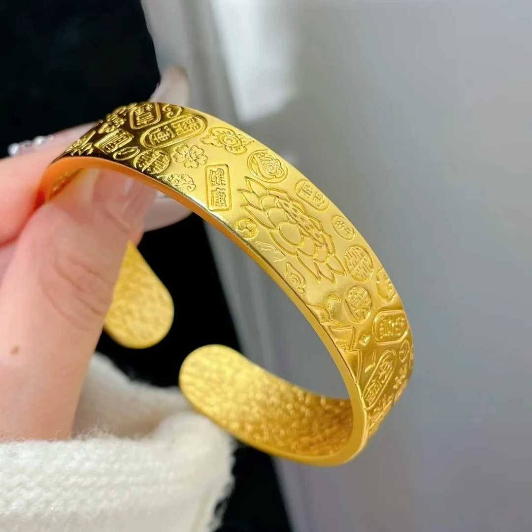铜合金手镯 古法鏨刻吉言莲花手镯宽版福字金色手镯